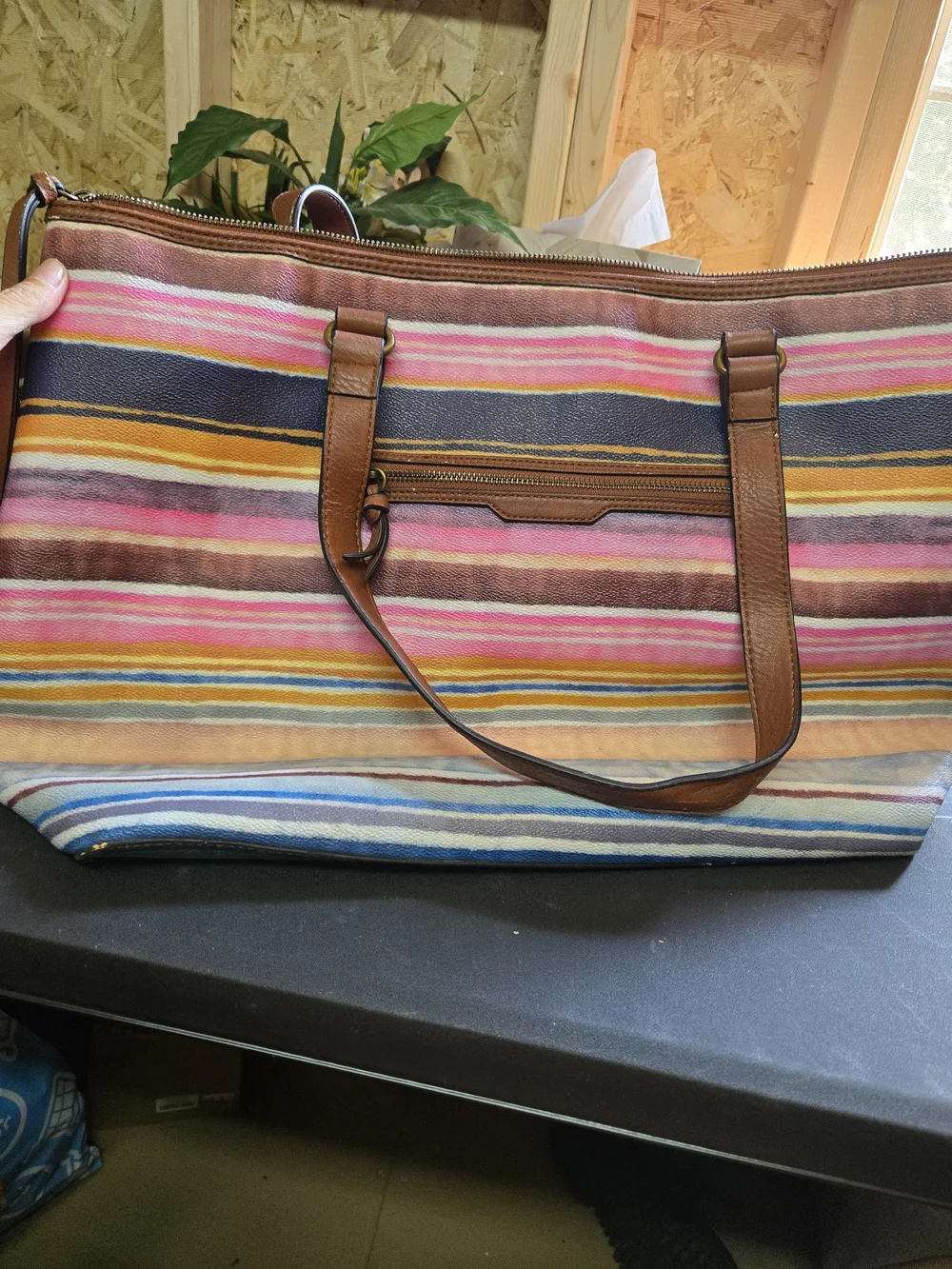 Elliott Lucca Multicolor Striped Laptop Tote with Brown Trim